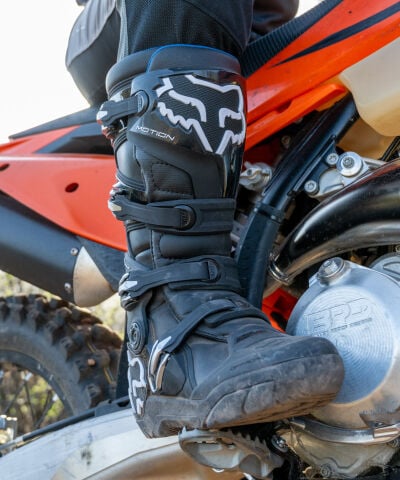 Close Up of Fox MX Boots in action on a muddy track